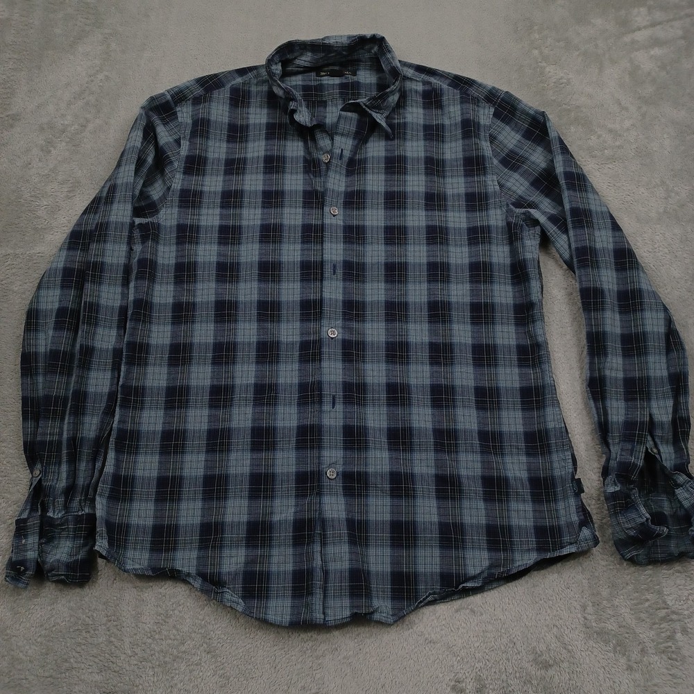 John Varvatos Shirt Mens Large Blue Plaid Button Up Long Sleeve Preppy Logo